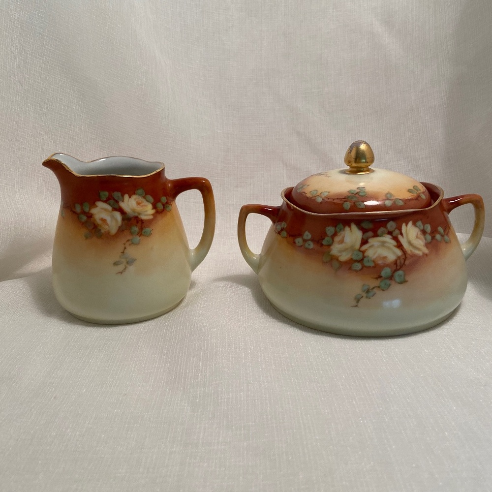 Antique Silesia Hand Painted Signed Creamer Sugar Bowl Creamer Yellow Floral 191